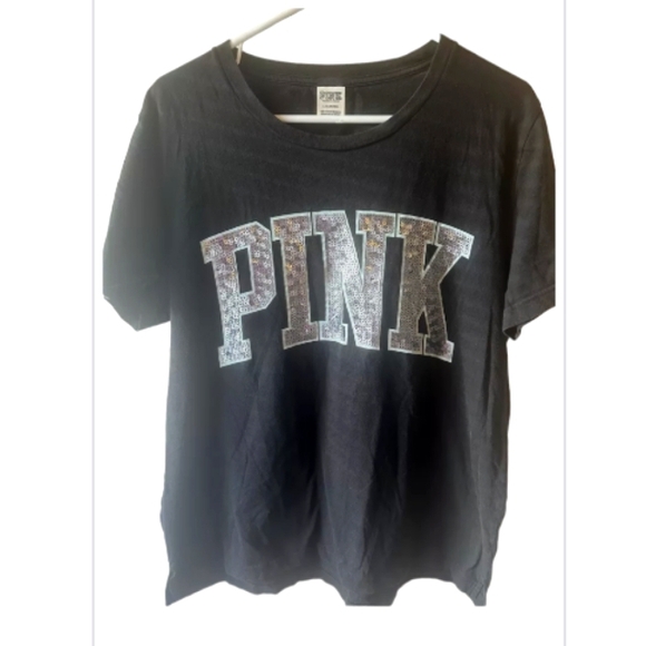 PINK VS Sequin Bling 💎 Logo Tee Shirt Black & Silver - Picture 2 of 6